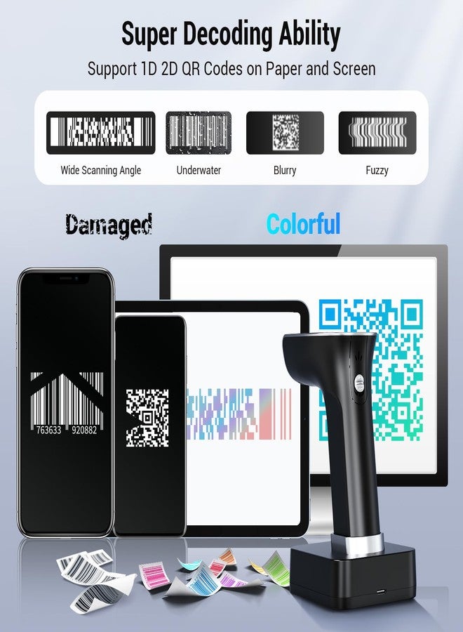 Tera Barcode Scanner Wireless with Screen: Pro Version 1D 2D QR with Digital Setting Keypad Power Switch Charging Cradle Works with Bluetooth 2.4G Wireless Bar Code Reader HW0015 Silver - Image 4