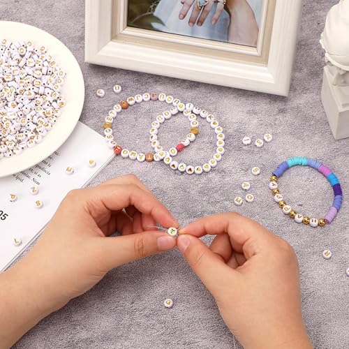 Tdas 750 Pieces Round Acrylic Alphabet Letter Beads A-Z Mixed Plastic Shape Loose Beads for DIY Jewellery Making Bracelets Necklaces Key Chains for Arts Crafts Supplies (White-Golden) - Image 4