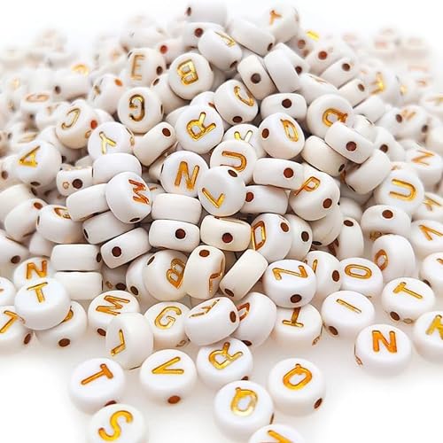 Tdas 750 Pieces Round Acrylic Alphabet Letter Beads A-Z Mixed Plastic Shape Loose Beads for DIY Jewellery Making Bracelets Necklaces Key Chains for Arts Crafts Supplies (White-Golden) - Image 3