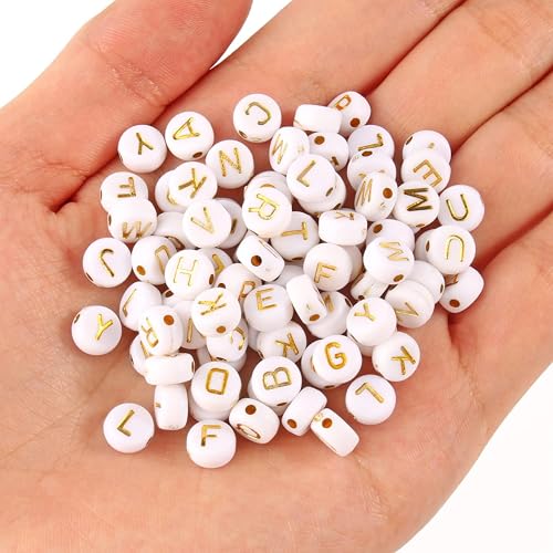 Tdas 750 Pieces Round Acrylic Alphabet Letter Beads A-Z Mixed Plastic Shape Loose Beads for DIY Jewellery Making Bracelets Necklaces Key Chains for Arts Crafts Supplies (White-Golden) - Image 2