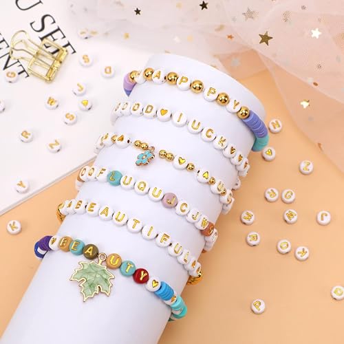 Tdas 750 Pieces Round Acrylic Alphabet Letter Beads A-Z Mixed Plastic Shape Loose Beads for DIY Jewellery Making Bracelets Necklaces Key Chains for Arts Crafts Supplies (White-Golden) - Image 5