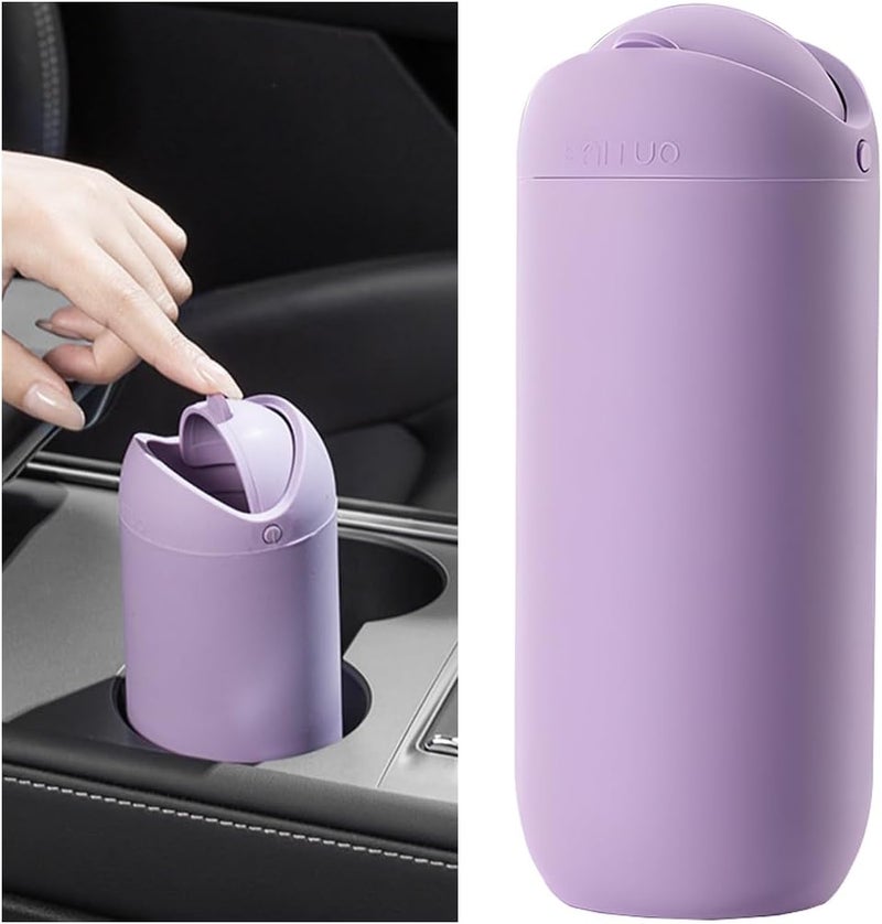 KHGUZ Car Trash Can with Lid - Silicone Leakproof Mini Round Vehicle Garbage Bin for Cup Holder (Purple) - Image 1