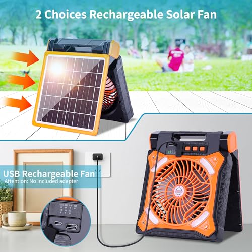 WESTTREE Solar Fan Battery Powered Rechargeable Solar Camping Fan with Led Lantern Power Bank Foldable Angle USB Personal Fans for Travel Outdoor CampingTents camping essentials X98 Orange - Image 2