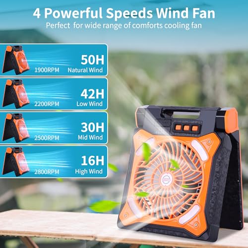 WESTTREE Solar Fan Battery Powered Rechargeable Solar Camping Fan with Led Lantern Power Bank Foldable Angle USB Personal Fans for Travel Outdoor CampingTents camping essentials X98 Orange - Image 4