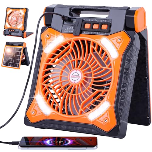 WESTTREE Solar Fan Battery Powered Rechargeable Solar Camping Fan with Led Lantern Power Bank Foldable Angle USB Personal Fans for Travel Outdoor CampingTents camping essentials X98 Orange - Image 1