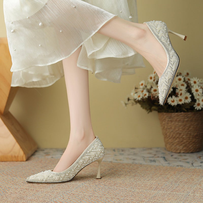 Women's Rhinestone & Pearl Wedding Heels | Chinese-Style Bridal Pumps | 7cm & 4.5cm Heel Options | Comfort-Focused Design for Brides & Bridesmaids | Multiple Colors Available - Image 4