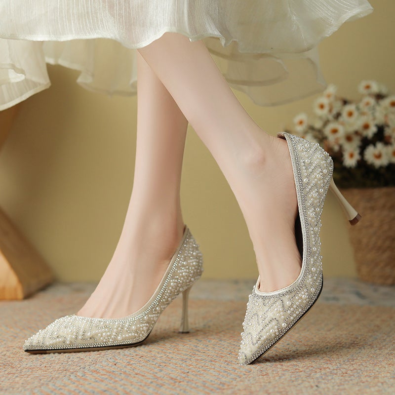Women's Rhinestone & Pearl Wedding Heels | Chinese-Style Bridal Pumps | 7cm & 4.5cm Heel Options | Comfort-Focused Design for Brides & Bridesmaids | Multiple Colors Available - Image 2