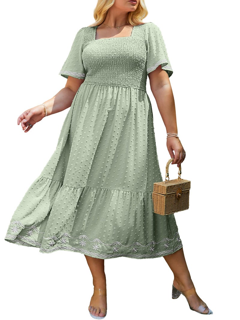 Glamaker Women's Plus Size Summer Casual Short Sleeve Smocked Square Neck A Line Flowy Midi Dress Long Dress Green 2XL - Image 1