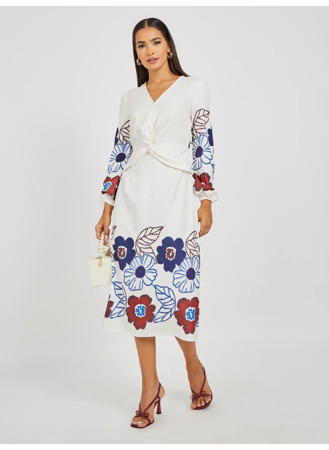 Styli Styli Floral Print Balloon Sleeves A-Line Midi Dress