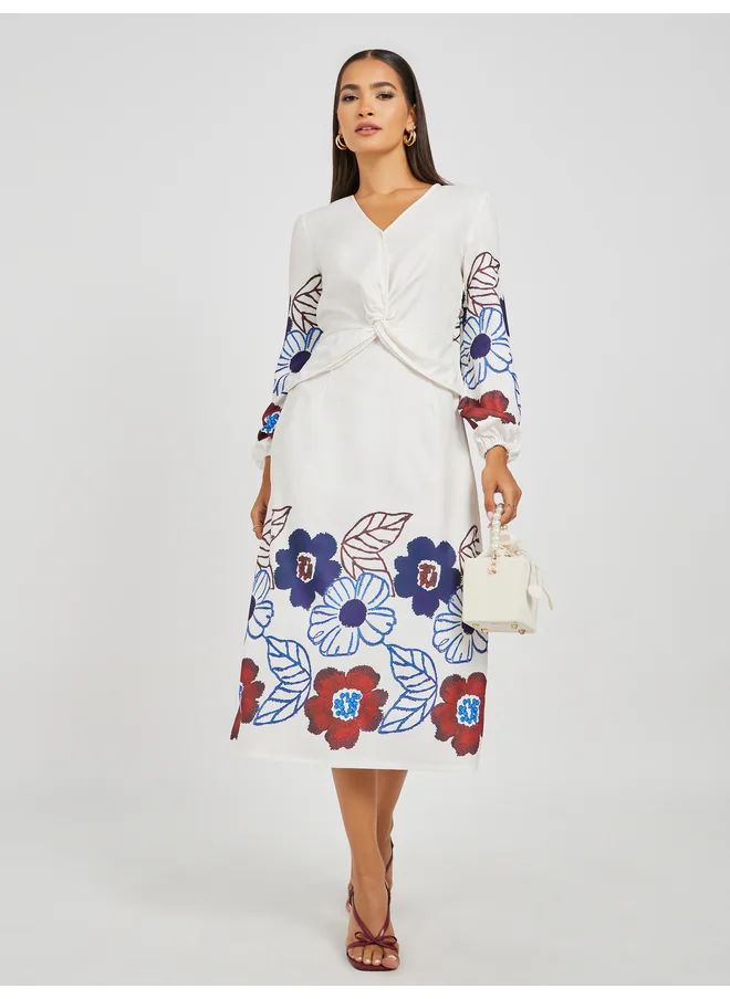 Styli Styli Floral Print Balloon Sleeves A-Line Midi Dress