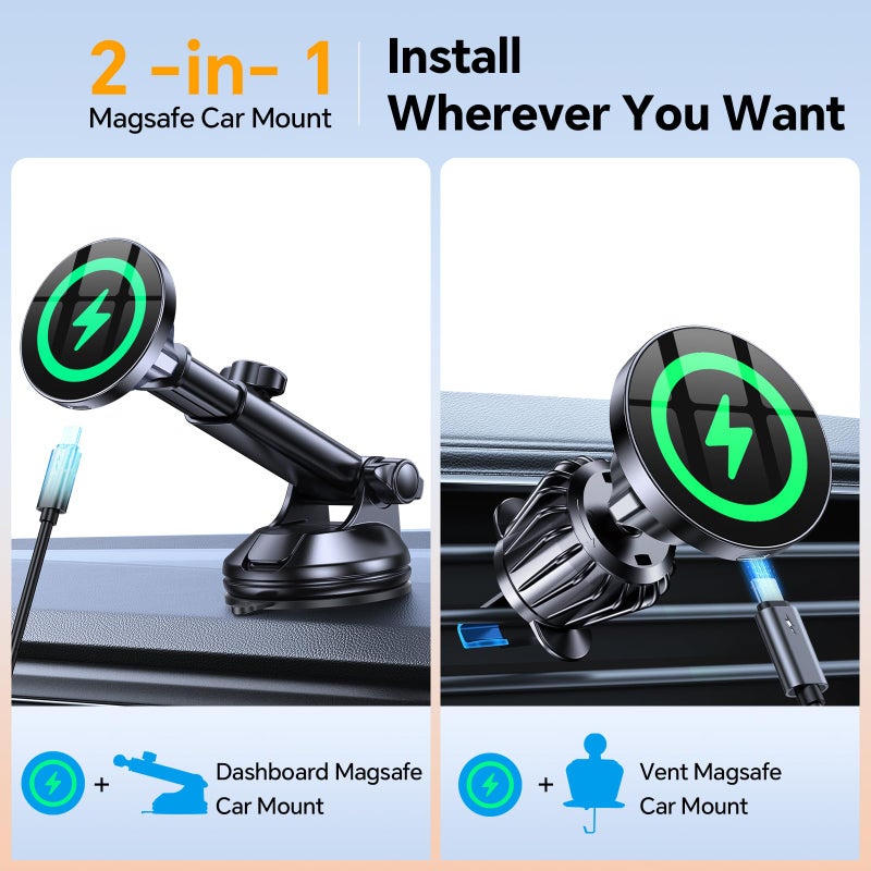 Coolpow for MagSafe Car Mount Chargerã€Ultra Magnetã€‘Magnetic Phone Holders for Your Car Chargerã€Windshield+Vent+Dashã€‘Magnetic Wireless Car Phone Holder Mount Charger Car Accessories for iPhone 17 16 15 - Image 2