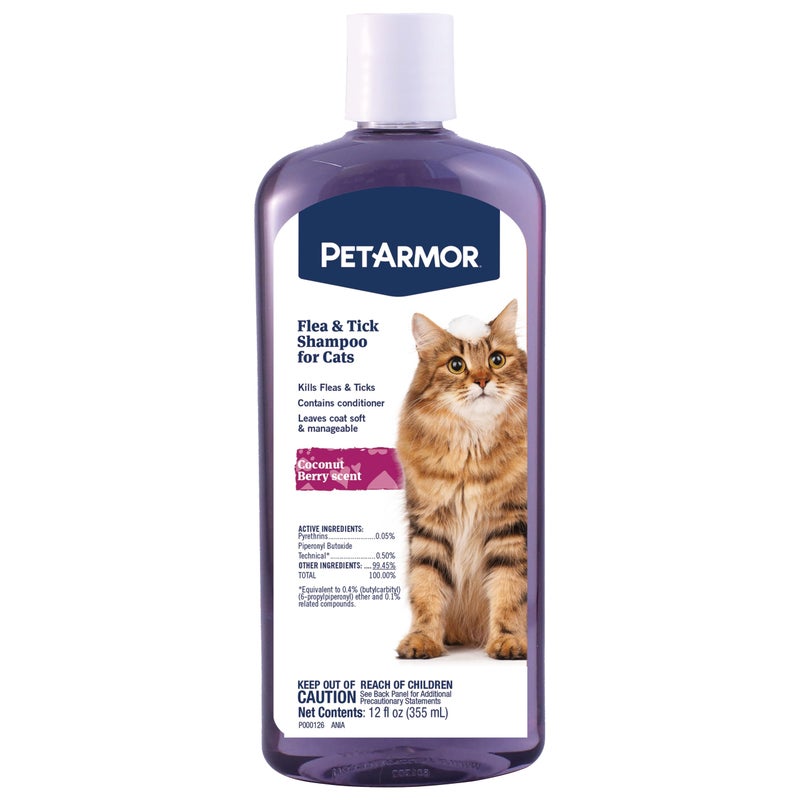 PetArmor شامبو بيت أرمور لمكافحة البراغيث والقراد للقطط، برائحة جوز الهند والتوت، شامبو وبلسم للقطط، علاج البراغيث يقتل البراغيث والقراد، 12 أونصة - Image 1