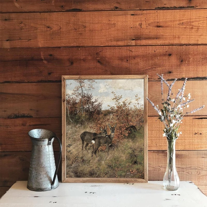UNIRO Vintage Fall Wall Art for Bedroom Decor, Rustic Farmhouse Wall Decor Autumn Deer Countryside Wall Painting Canvas Prints Landscape Oil Painting Fall Wall Decor Vintage Art Pictures for Bedroom Bathroom Kitchen Decor( 8" x 10"-UNFRAMED) - Image 2