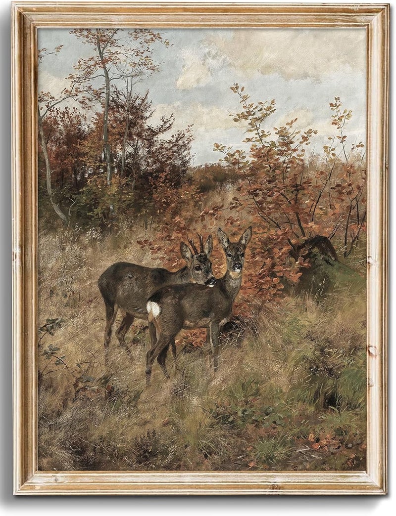 UNIRO Vintage Fall Wall Art for Bedroom Decor, Rustic Farmhouse Wall Decor Autumn Deer Countryside Wall Painting Canvas Prints Landscape Oil Painting Fall Wall Decor Vintage Art Pictures for Bedroom Bathroom Kitchen Decor( 8" x 10"-UNFRAMED) - Image 1