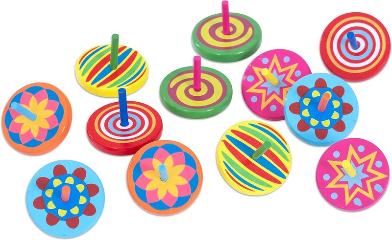VIGA Multi-Colored Wooden Spinning Tops - Set of 12 with 6 Unique Designs - Image 1