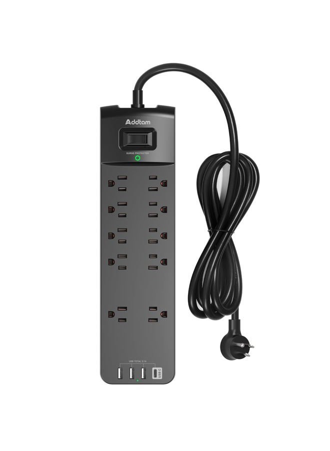 Addtam Power Strip - Addtam Surge Protector with 10 Outlets and 4 USB Ports, 6 Feet Extension Cord with Flat Plug, 2700 Joules, ETL Listed, Black - Image 1