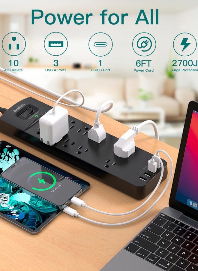 Addtam Power Strip - Addtam Surge Protector with 10 Outlets and 4 USB Ports, 6 Feet Extension Cord with Flat Plug, 2700 Joules, ETL Listed, Black - Image 2