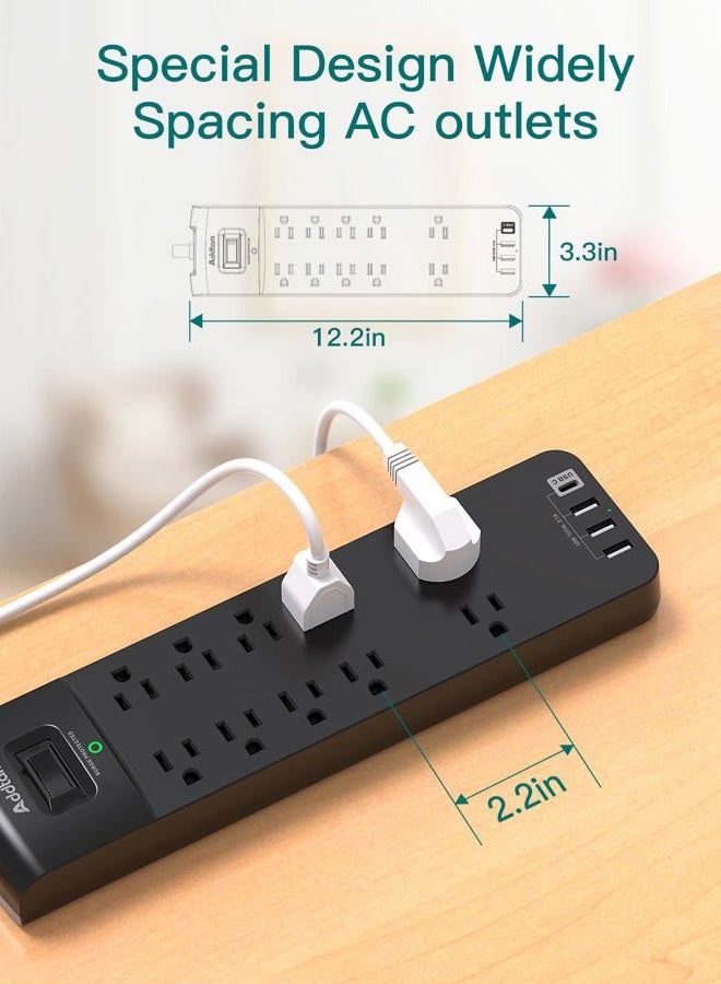 Addtam Power Strip - Addtam Surge Protector with 10 Outlets and 4 USB Ports, 6 Feet Extension Cord with Flat Plug, 2700 Joules, ETL Listed, Black - Image 4