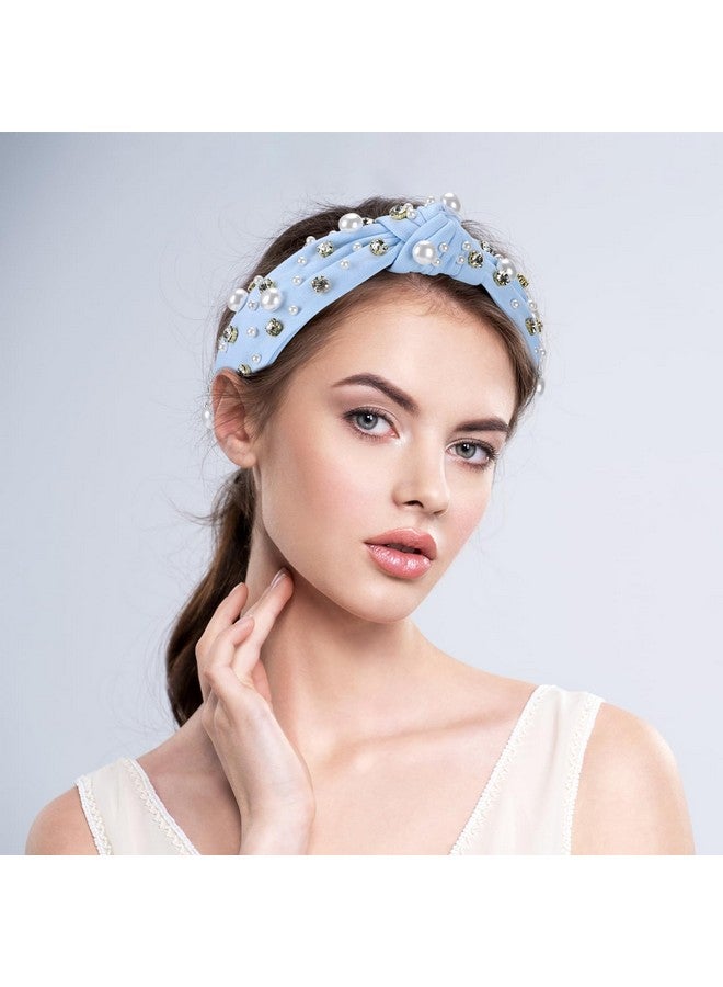 WantGor Pearl Knotted Headband, Women Rhinestone Embellished Hairband Elegant Wide Top Knot Bride Headbands Headpieces Party Fashion Elegant Ladies Hair Band Hair Hoop Accessories (Light Blue) - Image 4