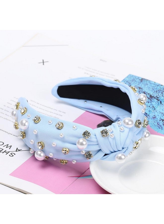 WantGor Pearl Knotted Headband, Women Rhinestone Embellished Hairband Elegant Wide Top Knot Bride Headbands Headpieces Party Fashion Elegant Ladies Hair Band Hair Hoop Accessories (Light Blue) - Image 3