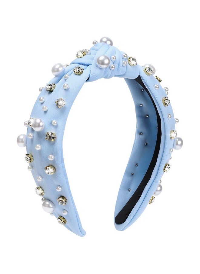 WantGor Pearl Knotted Headband, Women Rhinestone Embellished Hairband Elegant Wide Top Knot Bride Headbands Headpieces Party Fashion Elegant Ladies Hair Band Hair Hoop Accessories (Light Blue) - Image 1