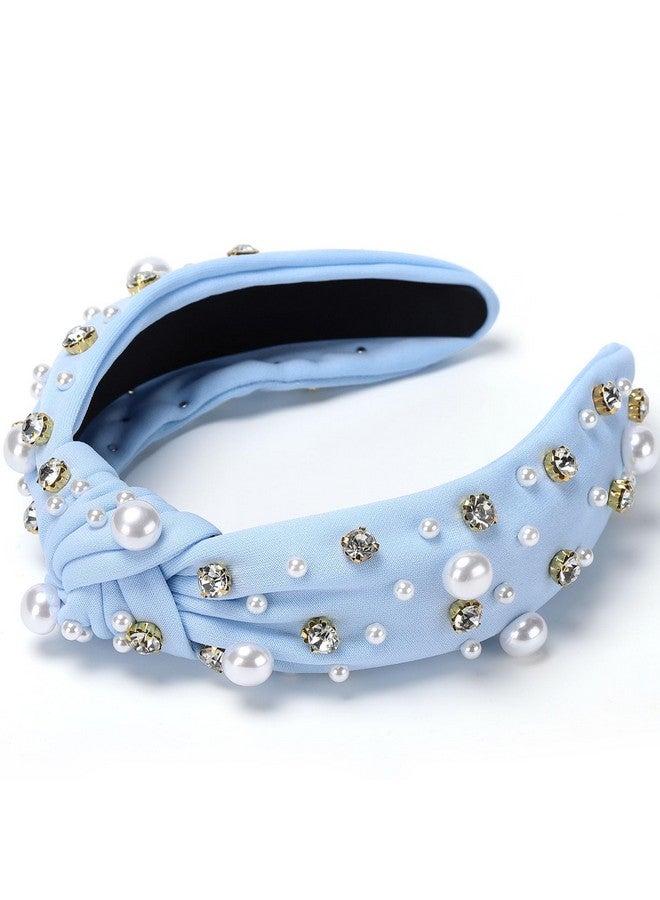 WantGor Pearl Knotted Headband, Women Rhinestone Embellished Hairband Elegant Wide Top Knot Bride Headbands Headpieces Party Fashion Elegant Ladies Hair Band Hair Hoop Accessories (Light Blue) - Image 2