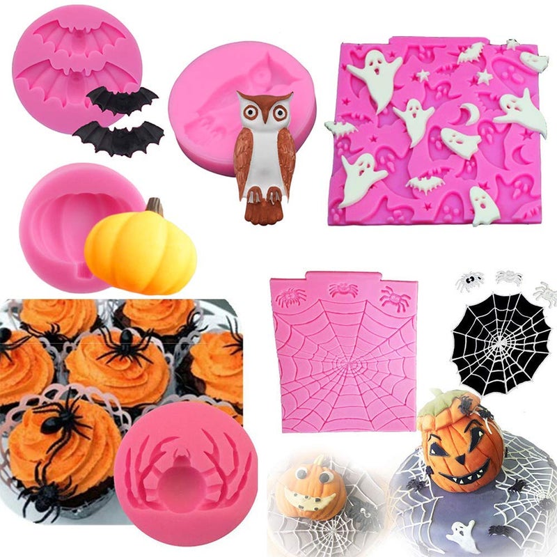 HiParty 6Pcs/Set Halloween Cake Fondant Molds  Halloween Party Cupcake Topper Decorating Tools  Silicone Chocolate Candy Mold Gum Paste Polymer Clay Epoxy Resin Mould (Bat Pumpkin Spider Owl Ghost Cobweb) - Image 1
