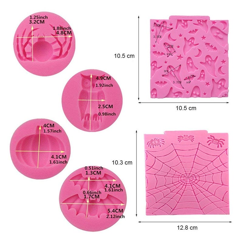 HiParty 6Pcs/Set Halloween Cake Fondant Molds  Halloween Party Cupcake Topper Decorating Tools  Silicone Chocolate Candy Mold Gum Paste Polymer Clay Epoxy Resin Mould (Bat Pumpkin Spider Owl Ghost Cobweb) - Image 2
