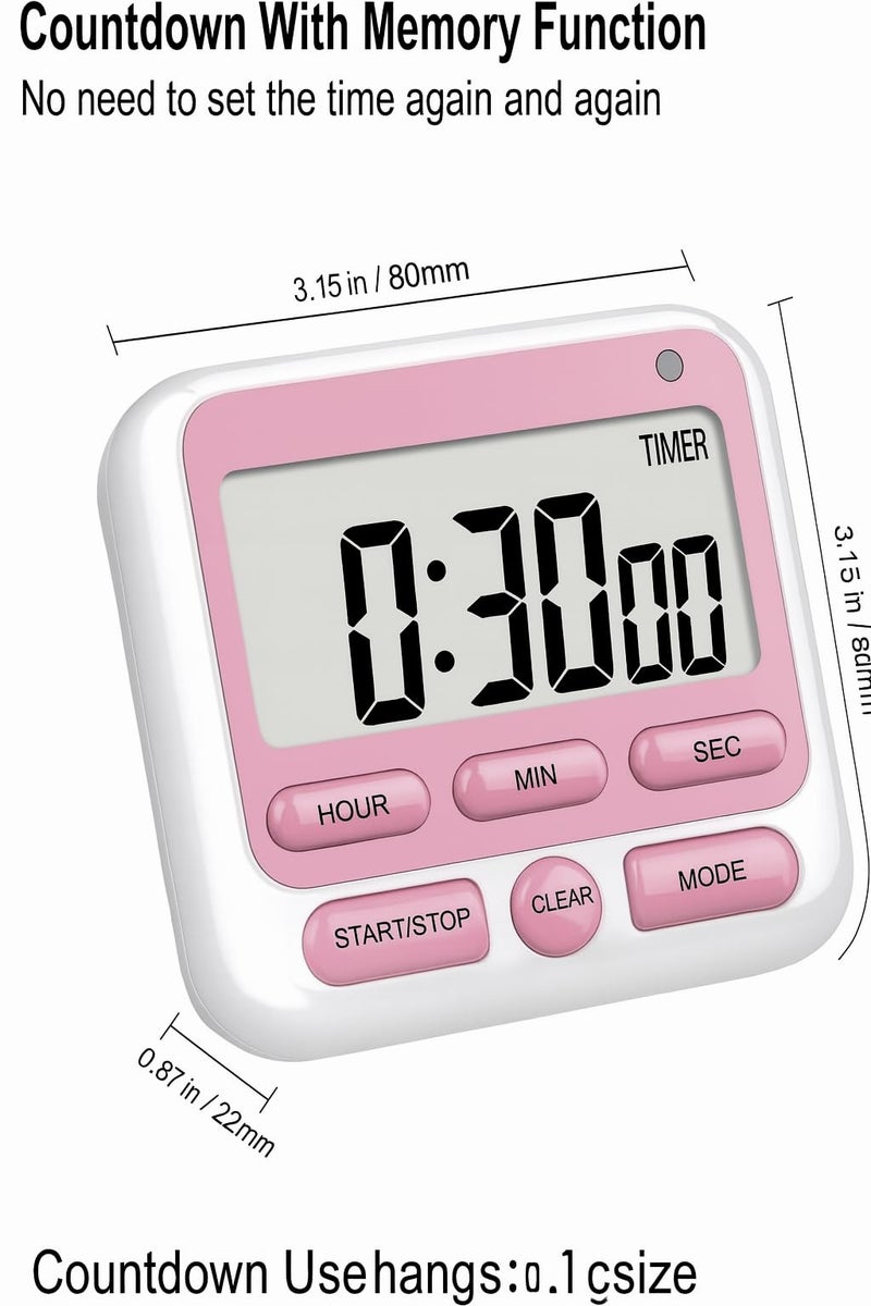 DHVSAM Digital Kitchen Timer with 24 Hour Clock & Alarm, Memory Function Count Up & Count Down for Kids Teachers Cooking, Large LCD Display, Strong Magnet (Pink) - Image 3