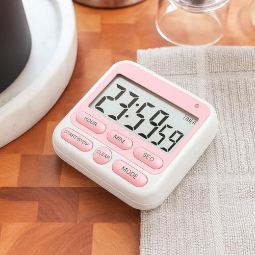 DHVSAM Digital Kitchen Timer with 24 Hour Clock & Alarm, Memory Function Count Up & Count Down for Kids Teachers Cooking, Large LCD Display, Strong Magnet (Pink) - Image 5