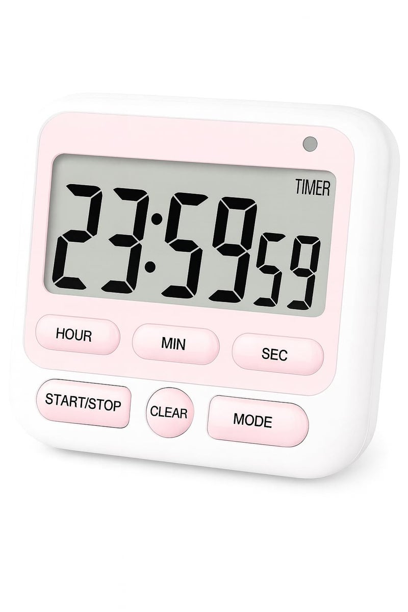 DHVSAM Digital Kitchen Timer with 24 Hour Clock & Alarm, Memory Function Count Up & Count Down for Kids Teachers Cooking, Large LCD Display, Strong Magnet (Pink) - Image 1