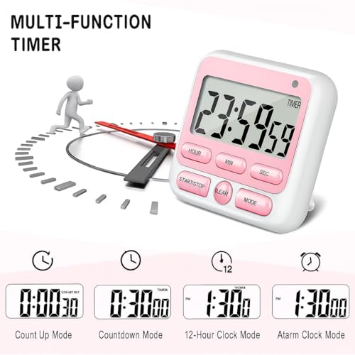 DHVSAM Digital Kitchen Timer with 24 Hour Clock & Alarm, Memory Function Count Up & Count Down for Kids Teachers Cooking, Large LCD Display, Strong Magnet (Pink) - Image 2