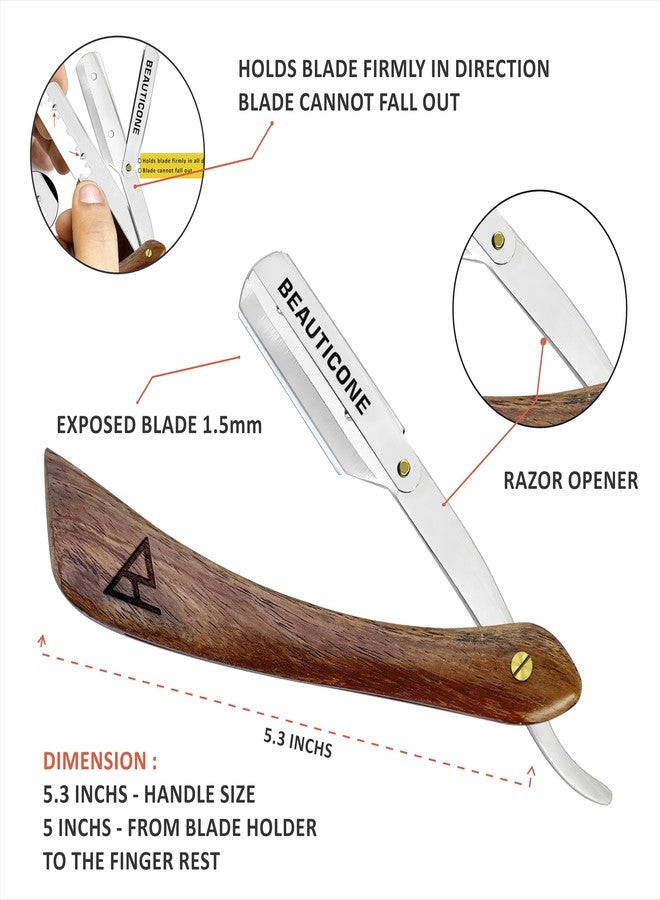 Beauticone Straight Razor for Men, Professional Barber Wooden Single Edge Razor, Straight Blade Shaving Beard, Stainless Steel L Shape Cutthroat 5 Blades - Image 2
