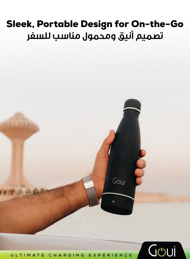 جوي زجاجة مياه معزولة سعة 420 مل – مصنوعة من الفولاذ المقاوم للصدأ بطبقتين، مزودة بشاحن لاسلكي 5 واط و باور بانك بسعة 6000 ملي أمبير، تحافظ على المشروبات باردة حتى 24 ساعة أو ساخنة حتى 12 ساعة أسود - Image 5