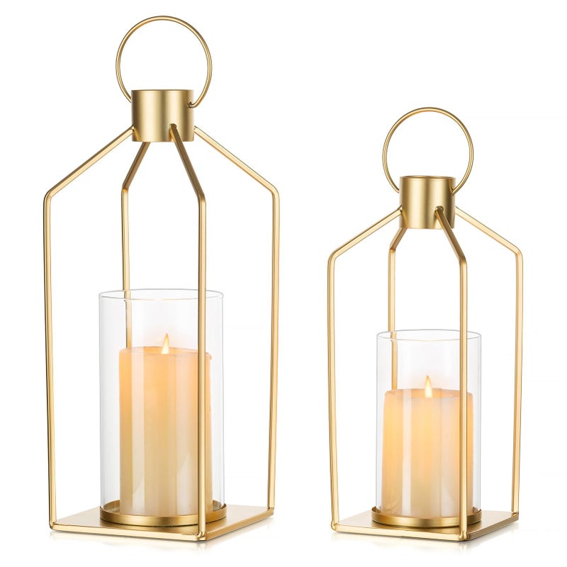 NUPTIO Gold Lanterns Decorative Indoor Set of 2 Hanging Metal Pillar Candle Lantern with Bottomless Hurricane Glass for Wedding Home Front Porch Outdoor Fireplace Christmas Table Centerpiece - Image 2