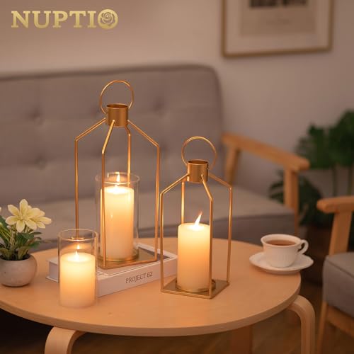 NUPTIO Gold Lanterns Decorative Indoor Set of 2 Hanging Metal Pillar Candle Lantern with Bottomless Hurricane Glass for Wedding Home Front Porch Outdoor Fireplace Christmas Table Centerpiece - Image 3