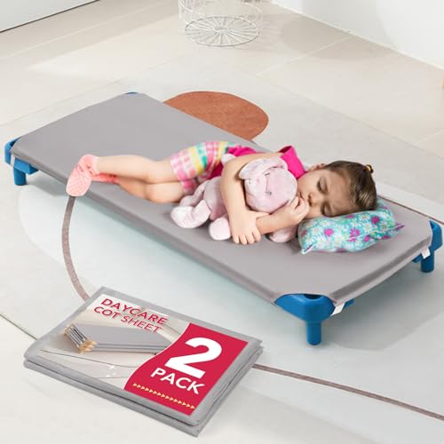 RowinsyDD 2 Pcs Cot Size Shees for Daycare, 23" X 51", Gray Daycare Cot Fitted Sheets with Corner Elastic Loops for Child Boys Girls, Breathable Microfiber - Image 1