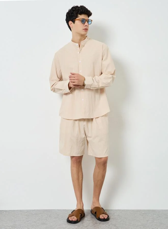 Styli Men Cream Linen Shirt and Shorts Co-Ords
