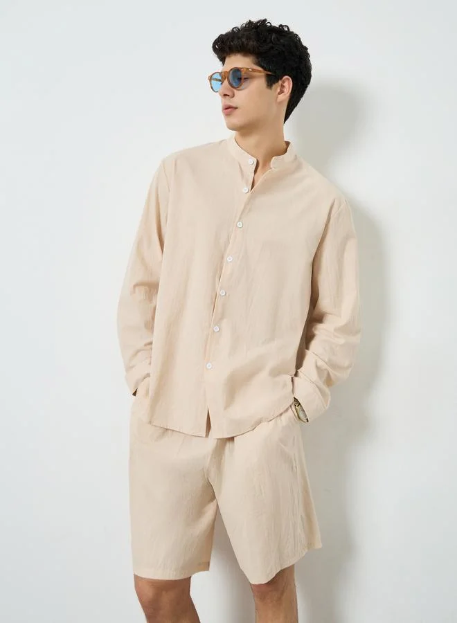 Styli Men Cream Linen Shirt and Shorts Co-Ords