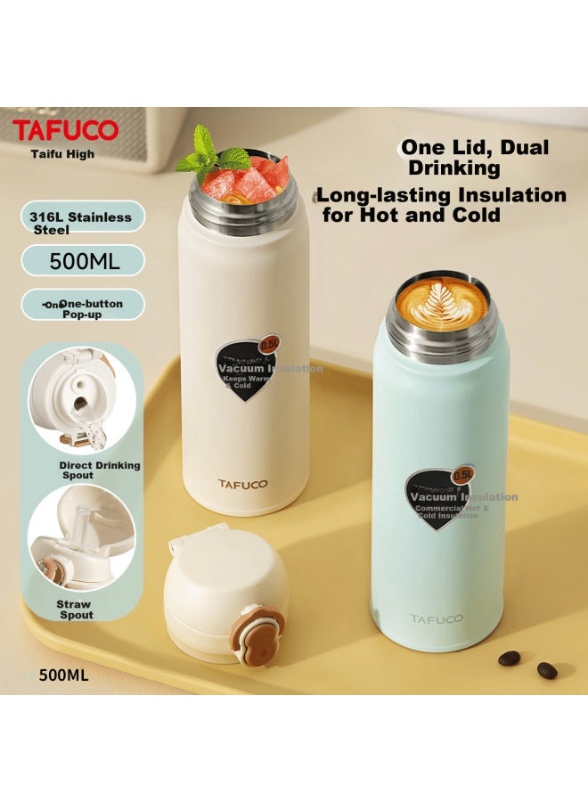 Tafuco Straw Insulated Direct Drinking Cup Student Water Bottle Dual Drinking Cup 316l Stainless Steel Women's Thermos T2156 - Image 3