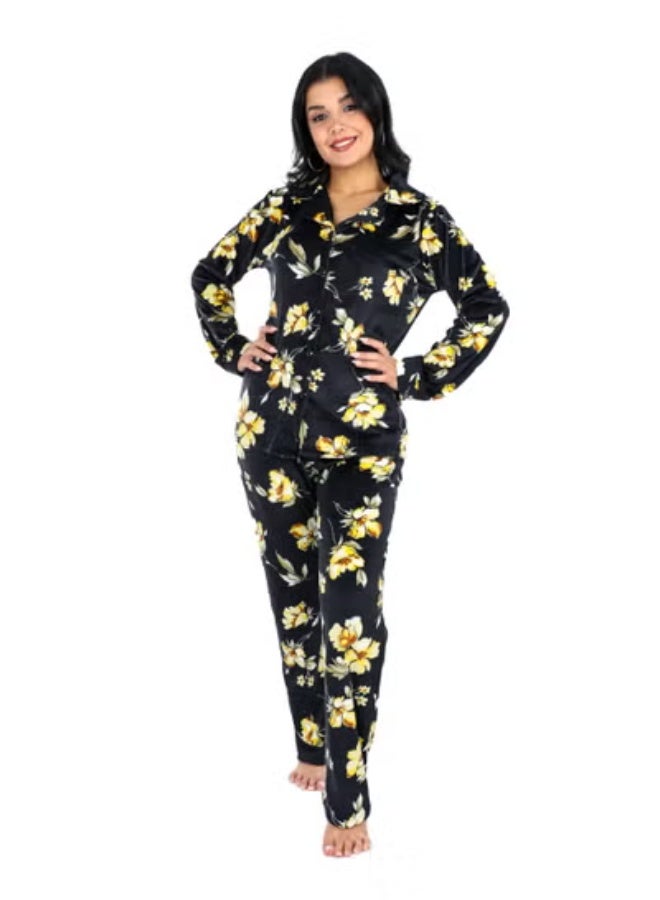 دعدوش  طقم بيجاما نسائي مخمل من قطعتين بأكمام طويلة - طقم بيجامة حريمي شتوي للنساء - بيجامة زراير حريمي شتوي - ملابس نوم دافئة ومريحة للمنزل والنوم - Image 1