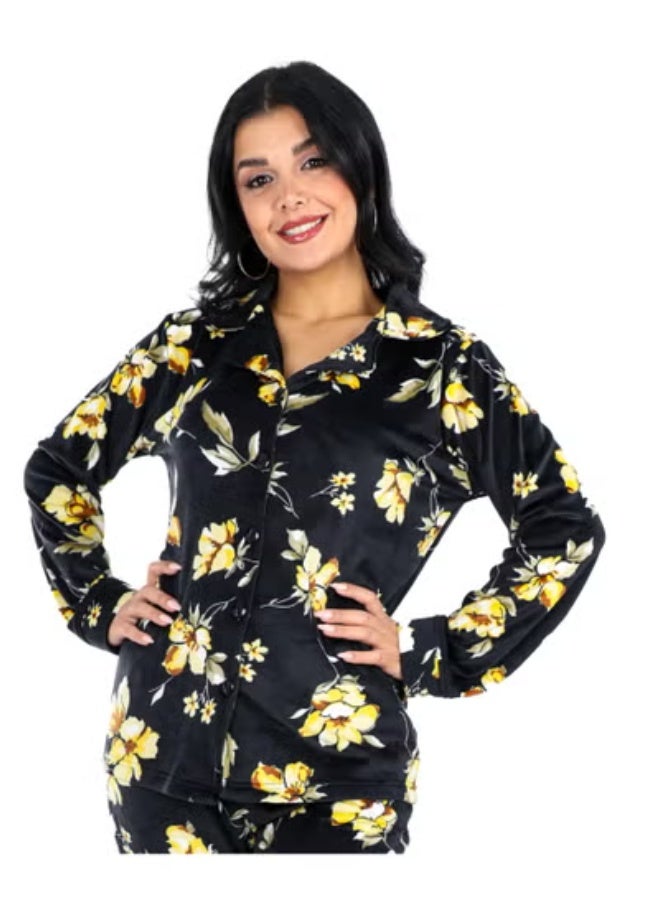 دعدوش  طقم بيجاما نسائي مخمل من قطعتين بأكمام طويلة - طقم بيجامة حريمي شتوي للنساء - بيجامة زراير حريمي شتوي - ملابس نوم دافئة ومريحة للمنزل والنوم - Image 3