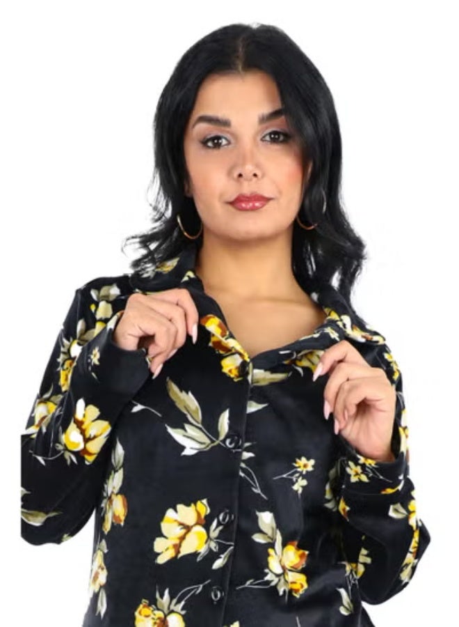 دعدوش  طقم بيجاما نسائي مخمل من قطعتين بأكمام طويلة - طقم بيجامة حريمي شتوي للنساء - بيجامة زراير حريمي شتوي - ملابس نوم دافئة ومريحة للمنزل والنوم - Image 2