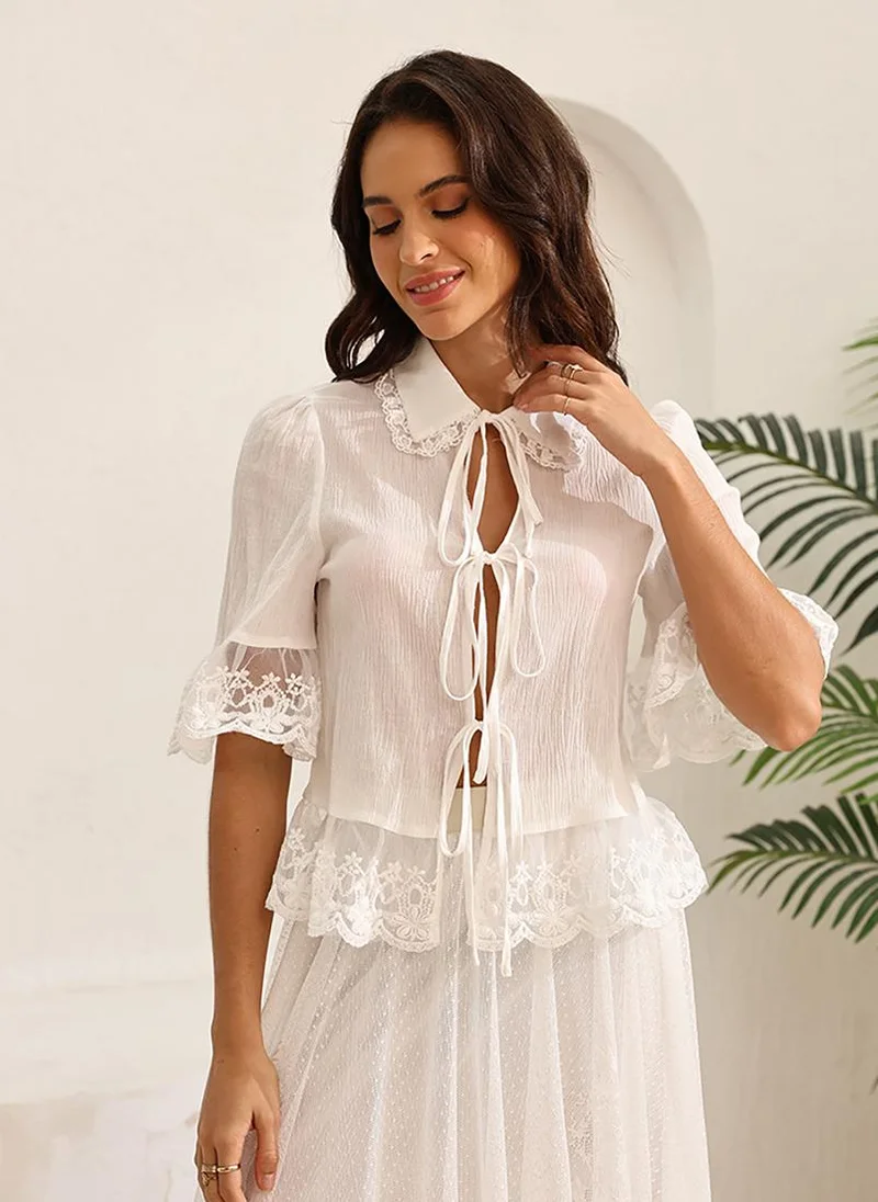 يونيكي Light Blue Shirt Collar Short Sleeves Shirt Style Top