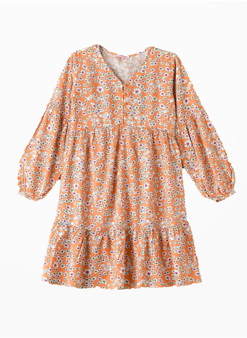 Jelliene Girls Orange Floral Dress with Long Sleeves  - Image 1