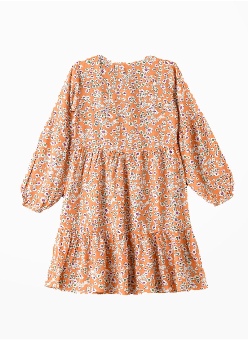 Jelliene Girls Orange Floral Dress with Long Sleeves  - Image 2