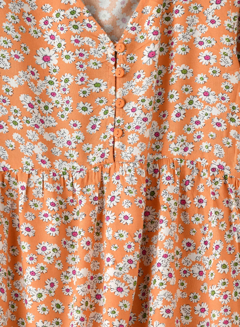 Jelliene Girls Orange Floral Dress with Long Sleeves