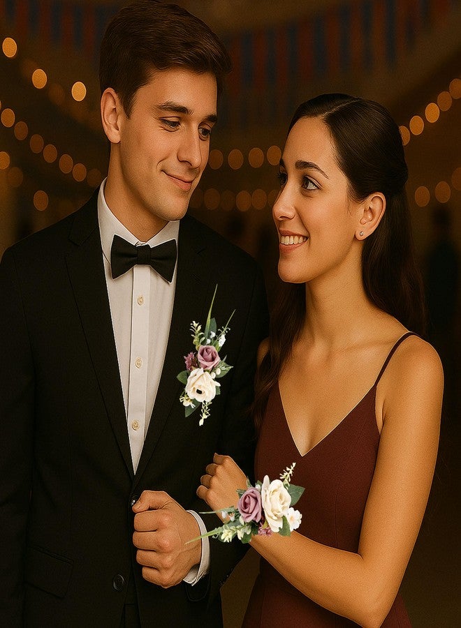 Acfruits Pink Corsage and Boutonniere Set for Wedding Prom, Artificial Rose Flower Wrist Corsage Bracelets, Homecoming Corsage Wristlet, Boutonniere for Men Wedding Suit Decorations - Image 5