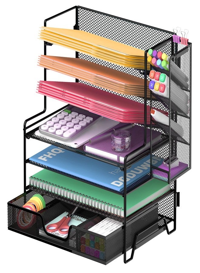 ReePlan 4 Tier Desk Organizer + 3 Tier File Holder + 4 Pen Holders + Drawer, 7 Tier Desk File Organizers, Desk Organizers and Accessories for Office Home School, Black - Image 1