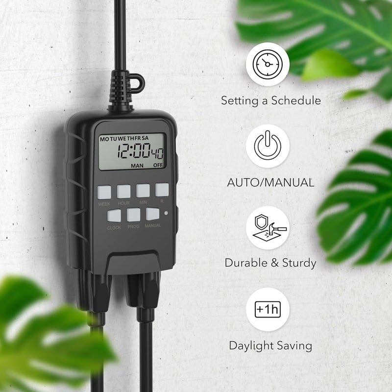 BN-LINK 7 Day Outdoor Heavy Duty Digital Programmable Timer, Outdoor Timer Outlet Waterproof, Grounded Electrical Outlets for Christmas Lights Lamps Ponds, 1875W 1/2HP, ETL Listed-2PACK - Image 4